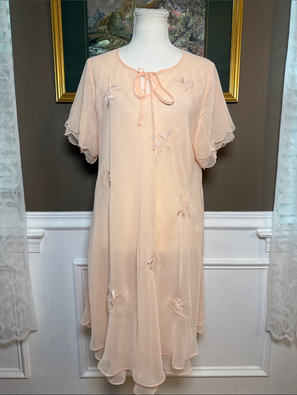Vintage Valerie Stevens Peach Chiffon Embroidered Nightgown L